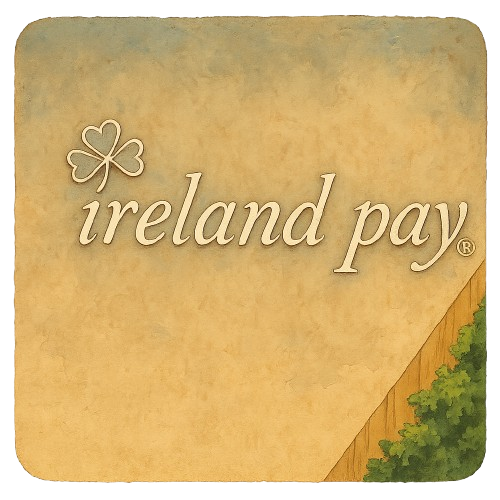 Ireland Pay logo design featuring a clover icon, representing the brand identity of a dual pricing payment solution for small businesses.