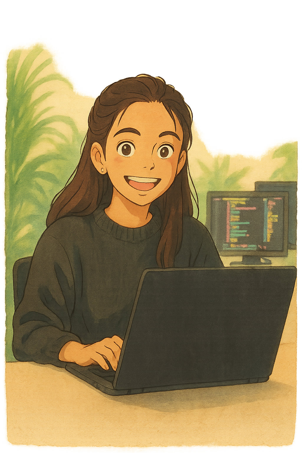 Illustration of a smiling web developer at her laptop, representing custom website design, UX/UI development, and branding services for modern businesses.