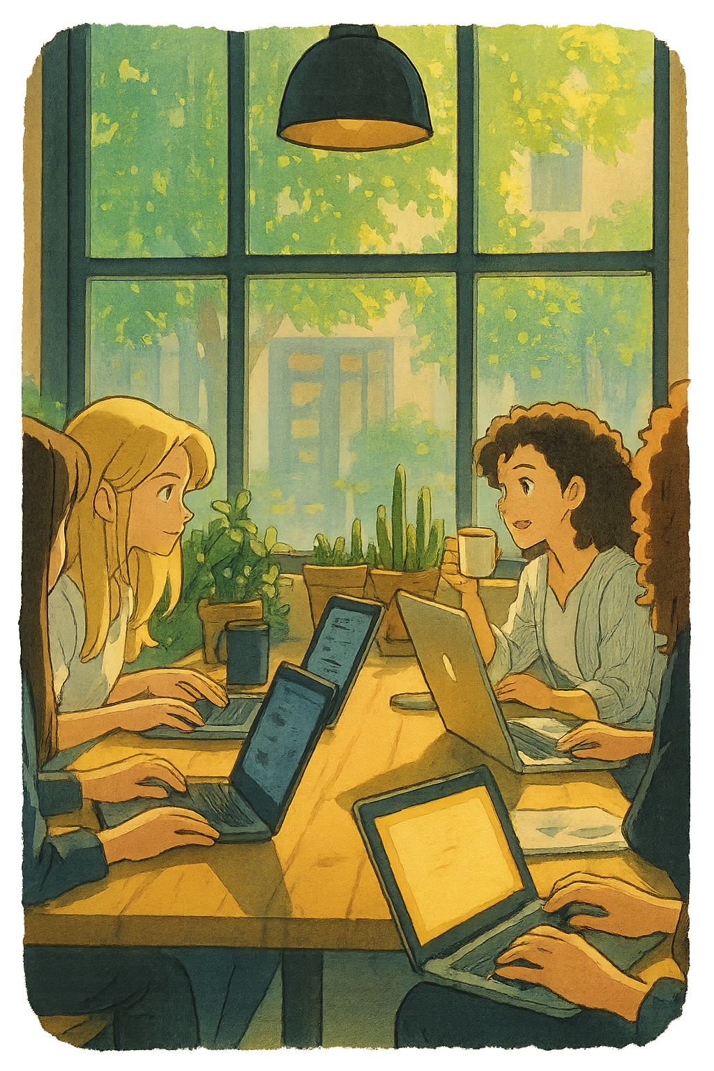 Illustration of a collaborative marketing team working on laptops in a bright office, representing digital strategy development, SEO, and PPC advertising.