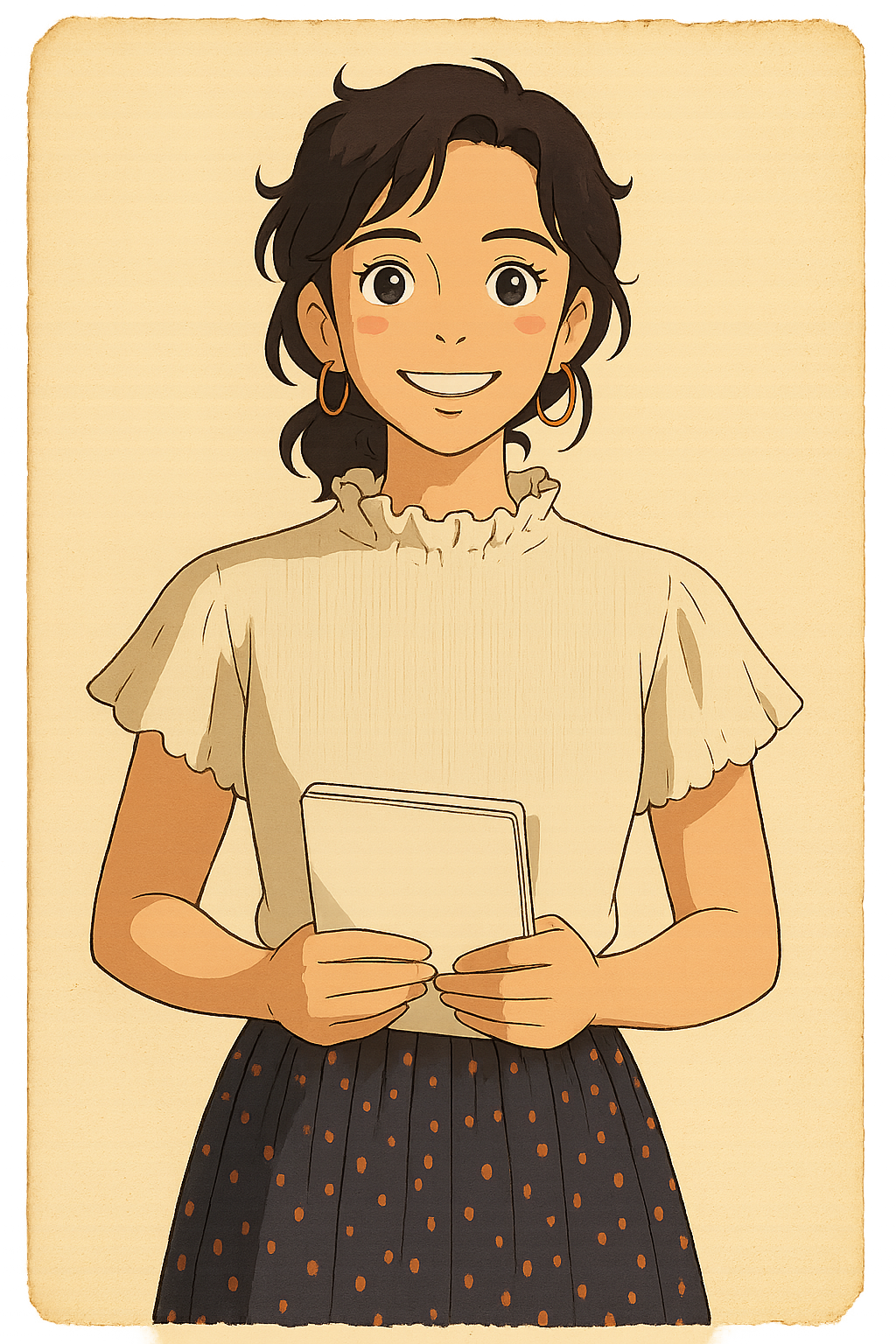 Illustration of a cheerful professional holding a tablet, symbolizing intelligent task automation and AI-driven productivity in business operations.
