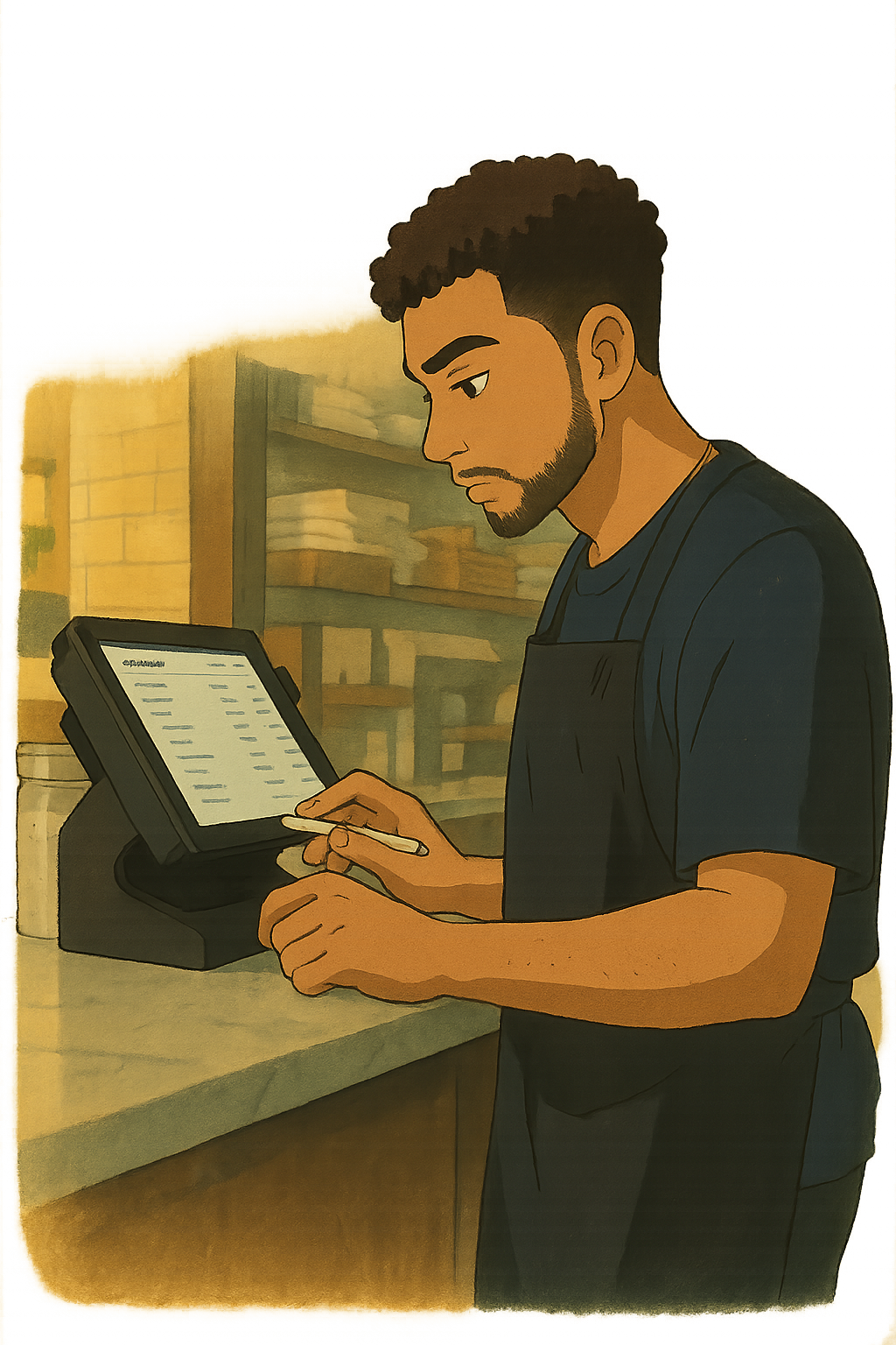Illustration of a small business employee using a digital POS system, symbolizing streamlined operations through CRM and merchant service integration.