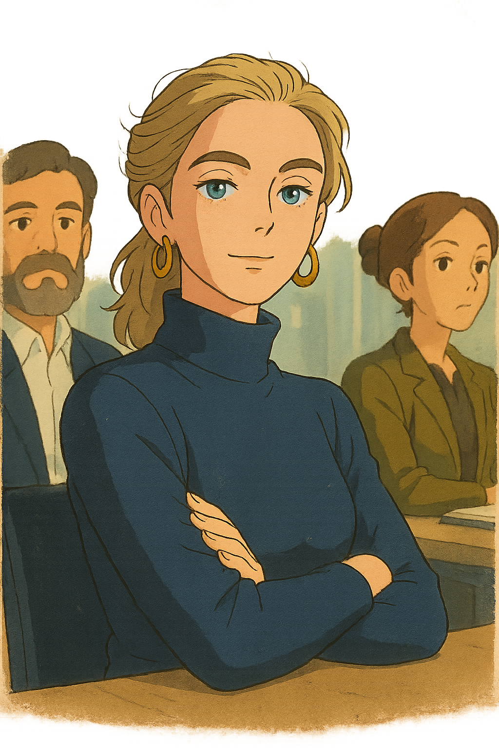 Animated illustration of confident business professionals collaborating in a team meeting, representing strategic project coordination and resource allocation.