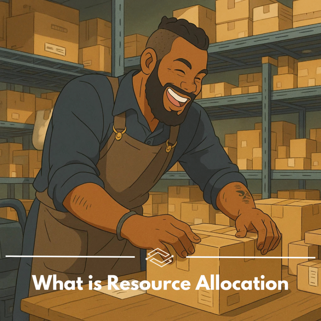 Smiling warehouse manager organizing inventory boxes, representing strategic resource allocation